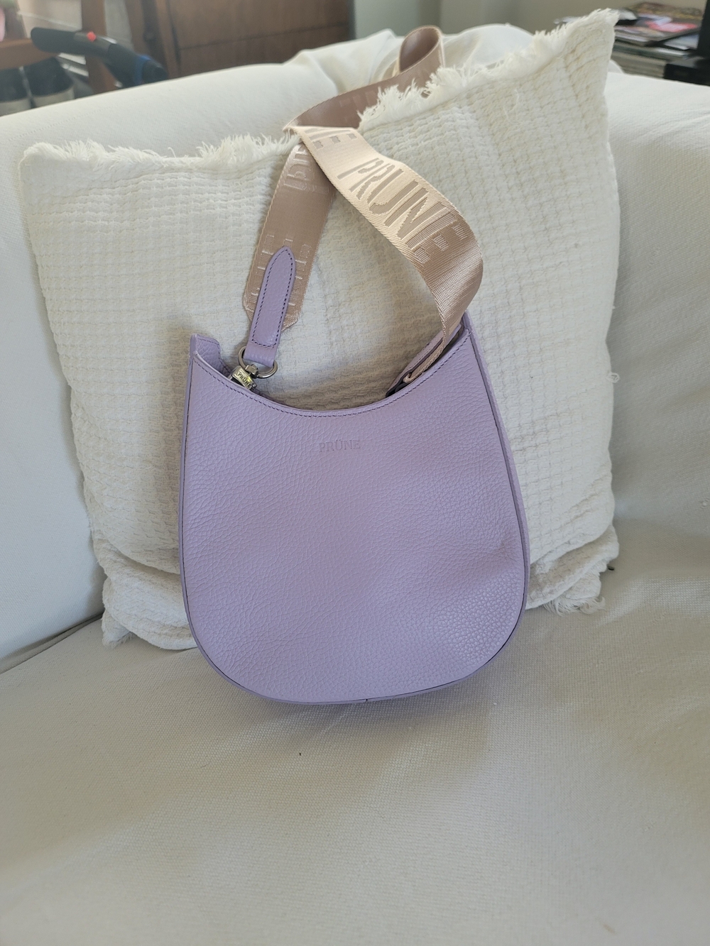 Prüne Lilac Pebbled Leather Shoulder Bag with Branded Strap